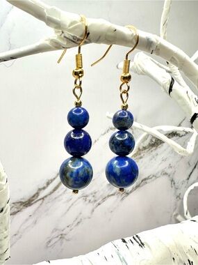Gold-Plated Lapis Bead Drop Earrings - Blue